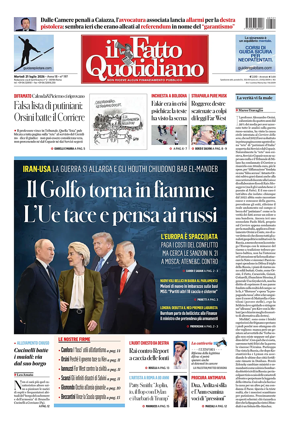 Prima pagina Il Fatto Quotidiano di oggi - Edicola 21 Luglio 2026
