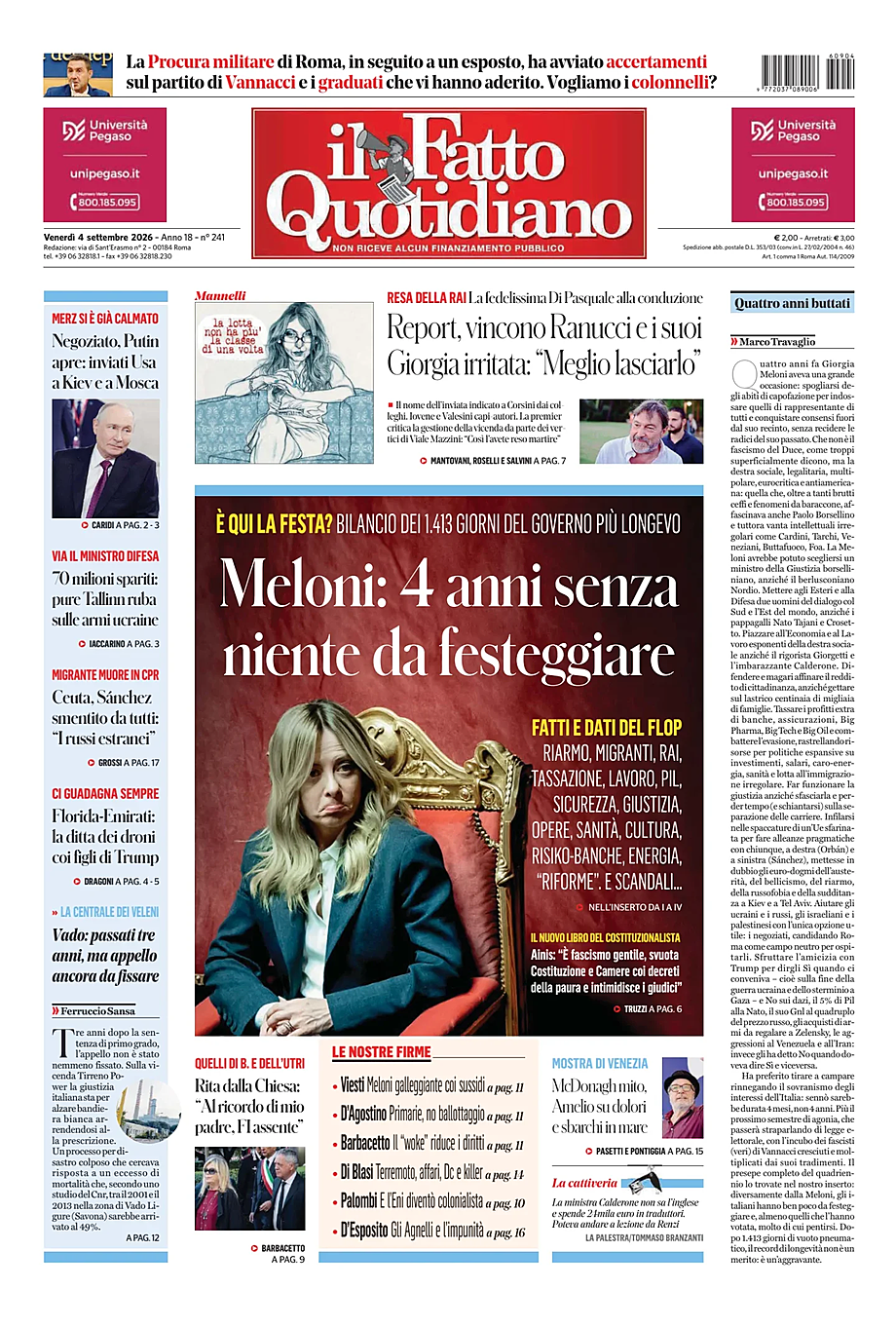 Prima pagina Il Fatto Quotidiano di oggi - Edicola 4 Settembre 2026