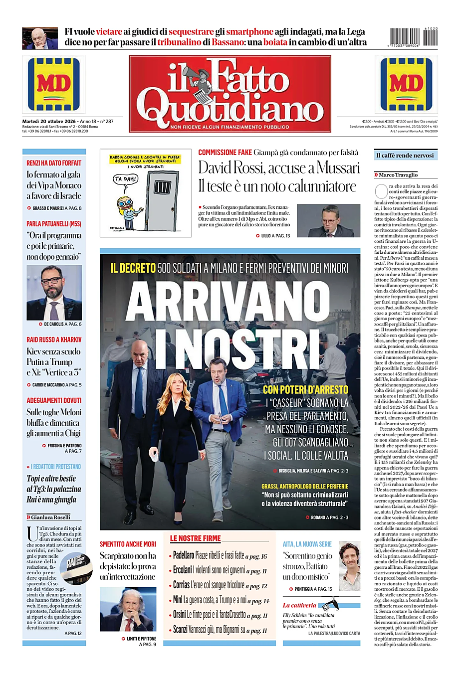 Prima pagina Il Fatto Quotidiano di oggi - Edicola 20 Ottobre 2026