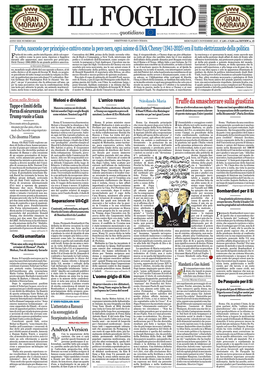 Prima pagina Il Foglio di oggi - Edicola 5 Novembre 2025