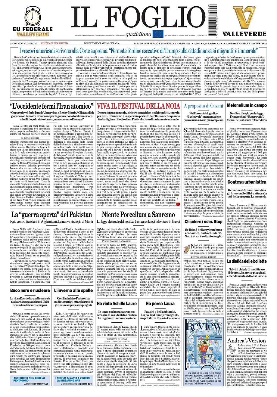 Prima pagina Il Foglio di oggi - Edicola 28 Febbraio 2026