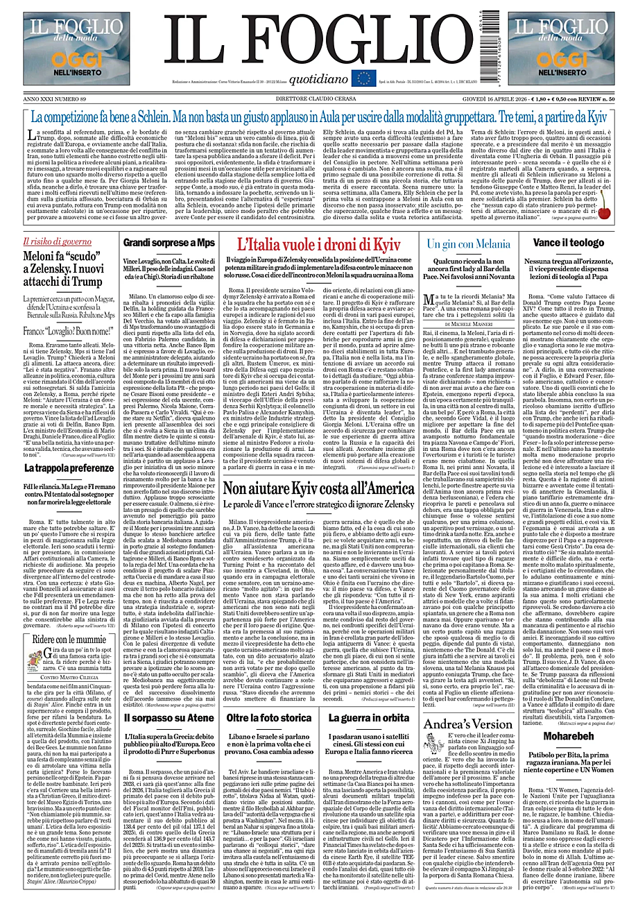 Prima pagina Il Foglio di oggi - Edicola 16 Aprile 2026