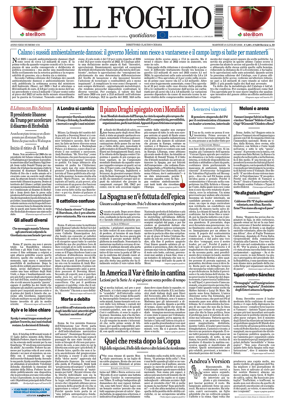 Prima pagina Il Foglio di oggi - Edicola 21 Luglio 2026
