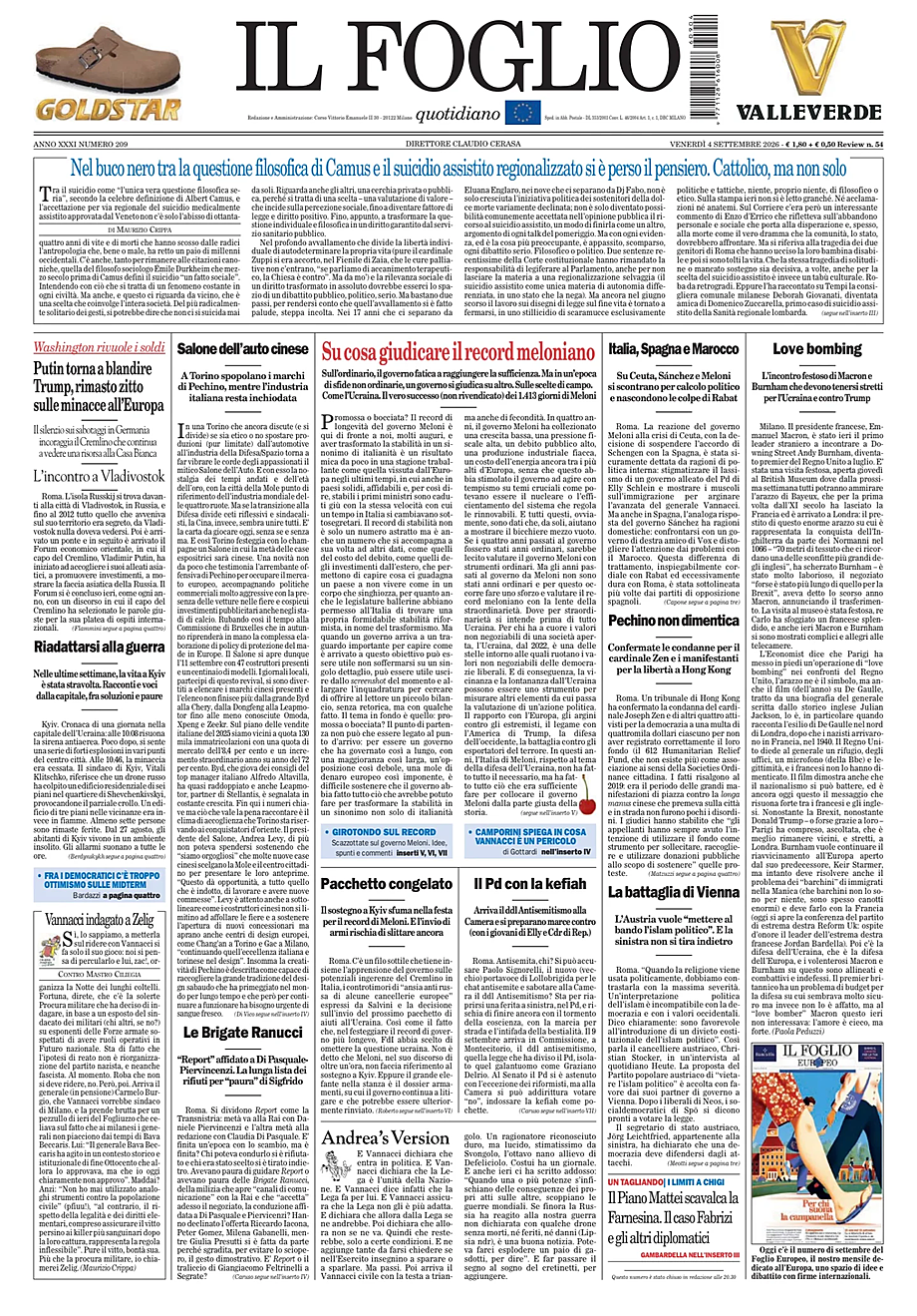 Prima pagina Il Foglio di oggi - Edicola 4 Settembre 2026