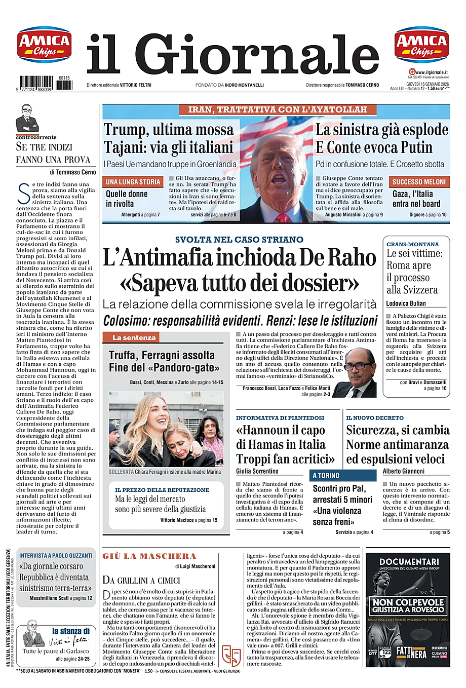 Prima pagina Il Giornale di oggi - Edicola 15 Gennaio 2026