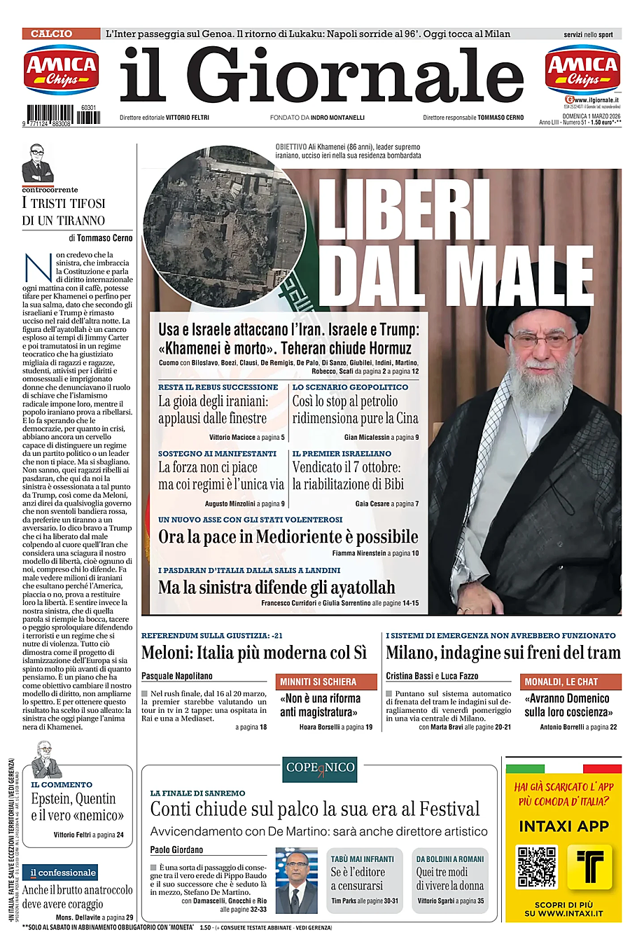 Prima pagina Il Giornale di oggi - Edicola 1 Marzo 2026