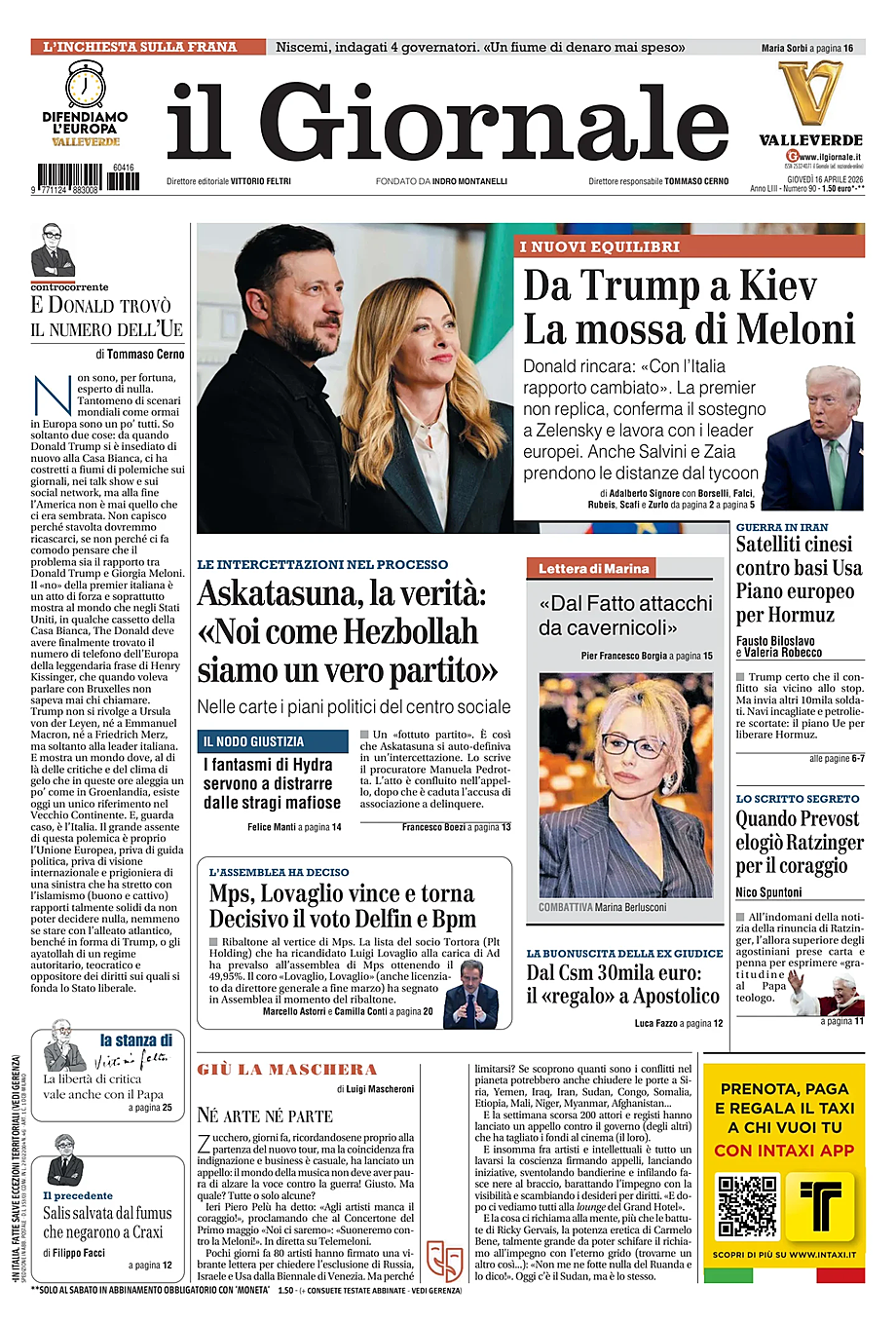 Prima pagina Il Giornale di oggi - Edicola 16 Aprile 2026