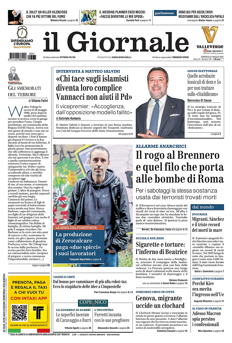 Prima pagina Il Giornale di oggi - Edicola 31 Maggio 2026