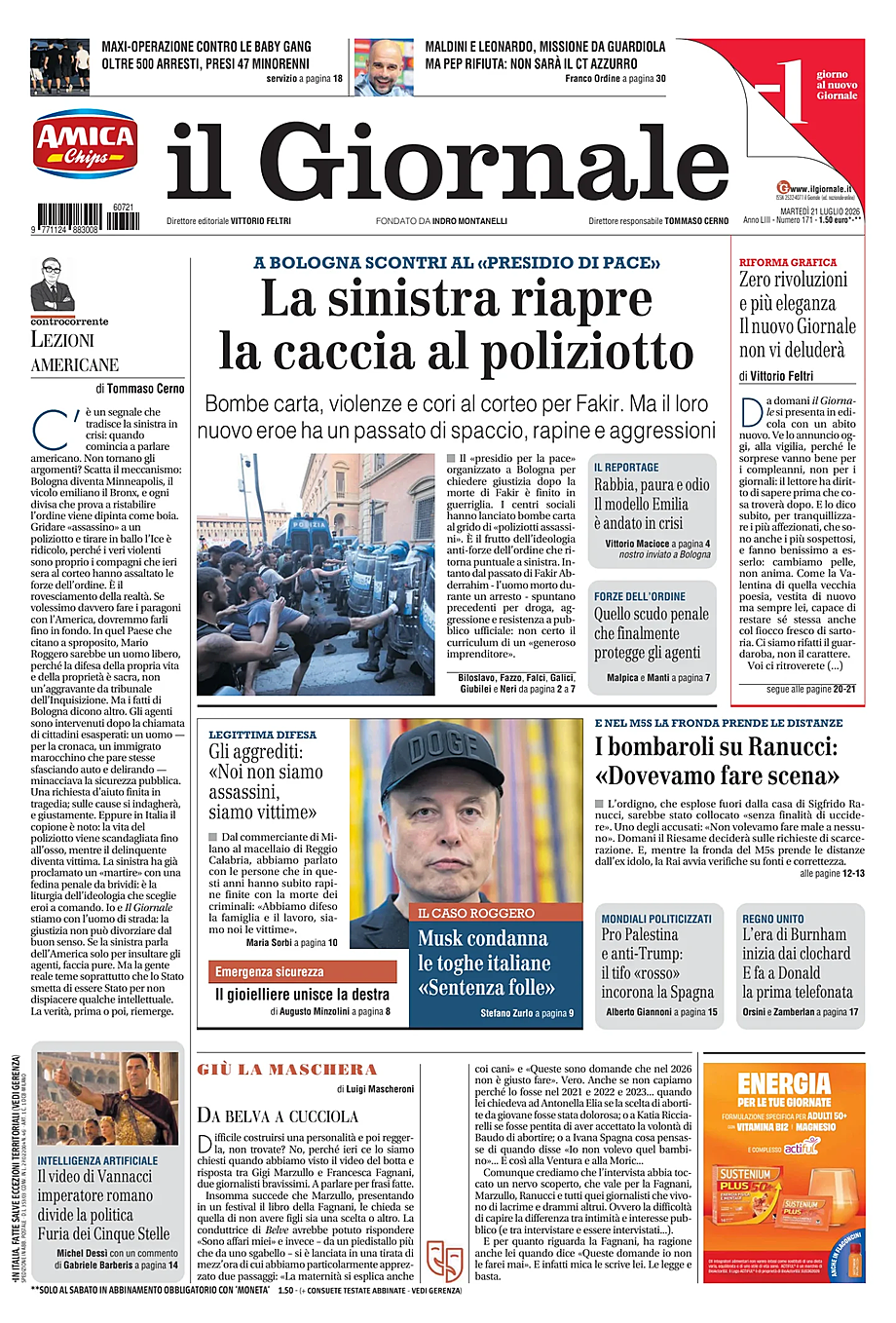 Prima pagina Il Giornale di oggi - Edicola 21 Luglio 2026
