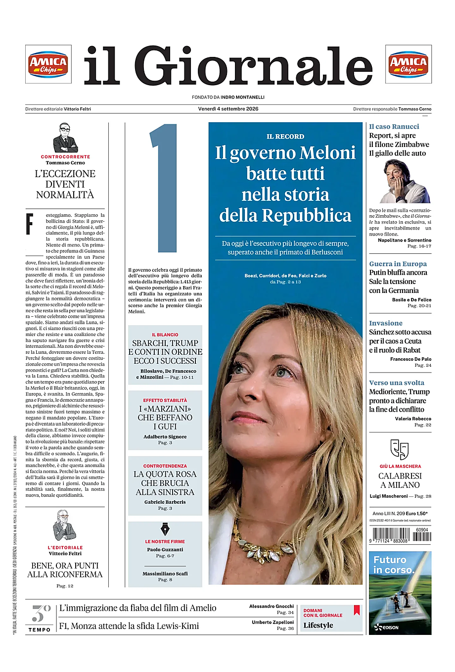 Prima pagina Il Giornale di oggi - Edicola 4 Settembre 2026