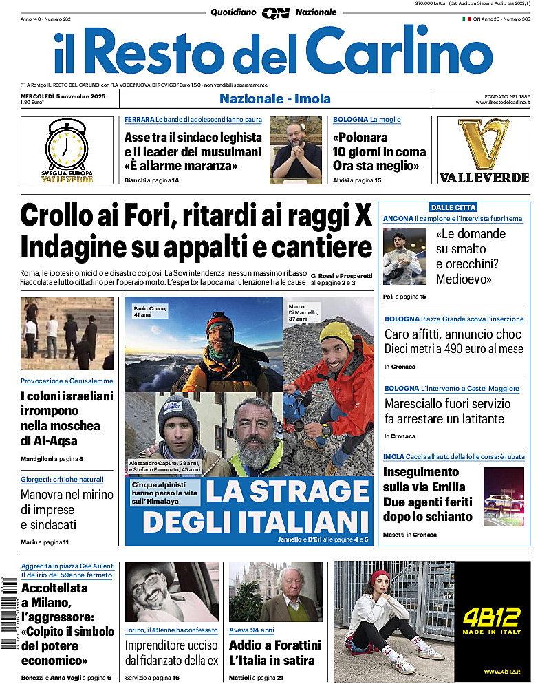 Prima pagina Il Resto del Carlino di oggi - Edicola 5 Novembre 2025
