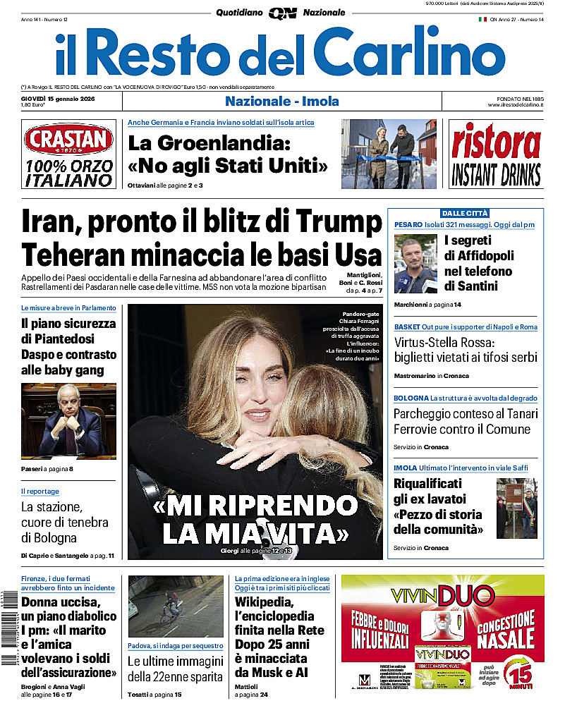 Prima pagina Il Resto del Carlino di oggi - Edicola 15 Gennaio 2026