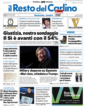 Prima pagina Il Resto del Carlino di oggi - Quotidiano regionale