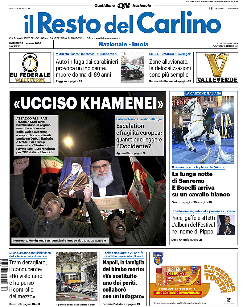 Prima pagina Il Resto del Carlino di oggi - Edicola 1 Marzo 2026
