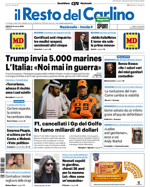 Prima pagina Il Resto del Carlino di oggi - Quotidiano regionale