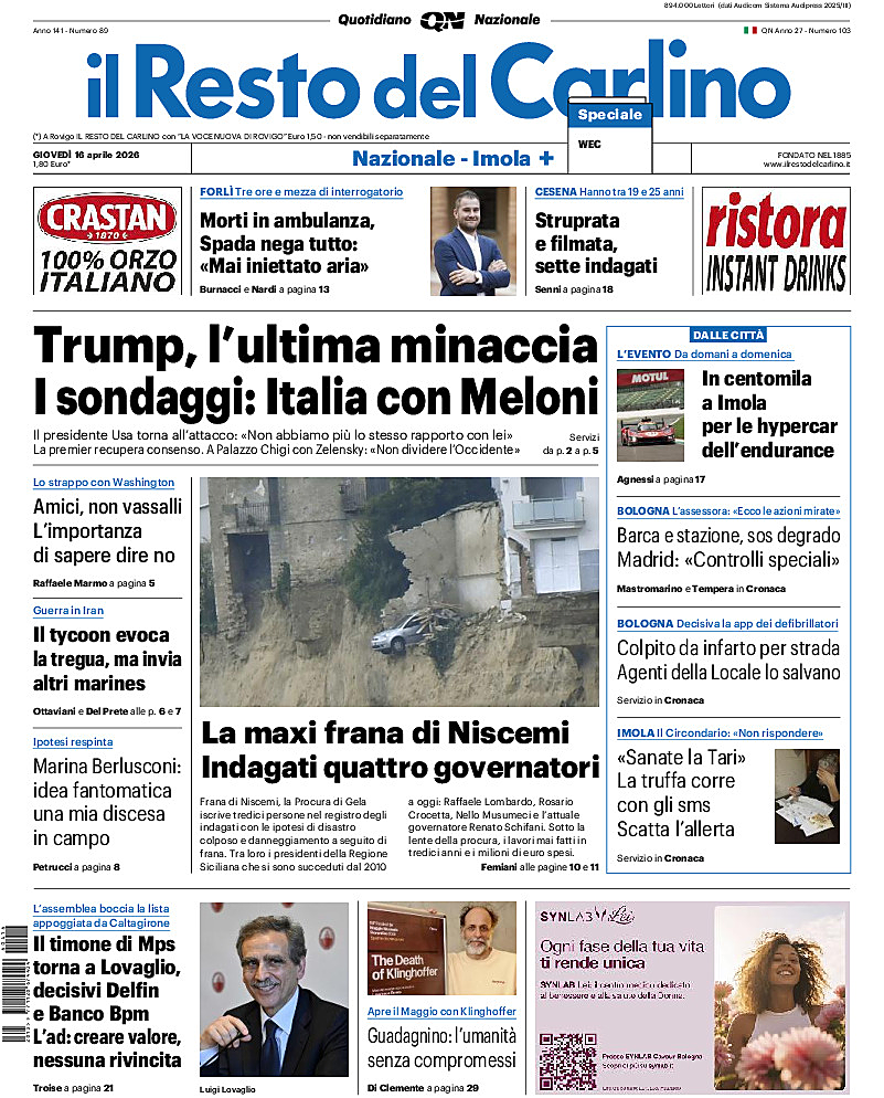 Prima pagina Il Resto del Carlino di oggi - Edicola 16 Aprile 2026