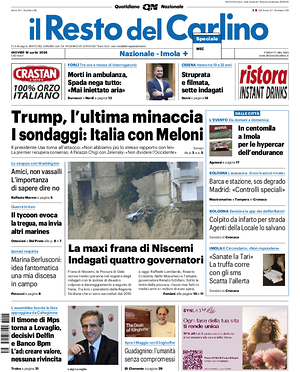 Prima pagina Il Resto del Carlino di oggi - Quotidiano regionale