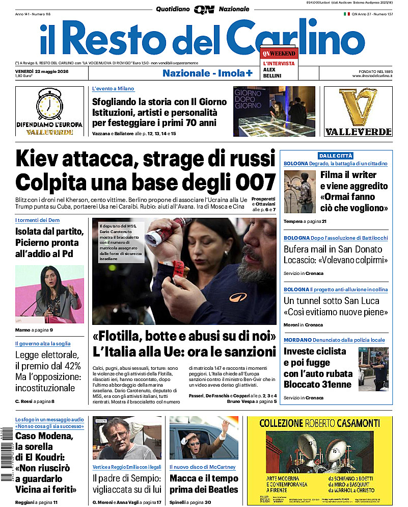 Prima pagina Il Resto del Carlino di oggi - Edicola 22 Maggio 2026