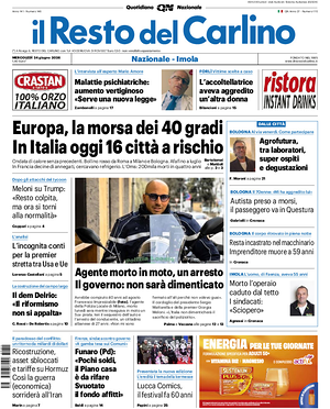 Prima pagina Il Resto del Carlino di oggi - Quotidiano regionale