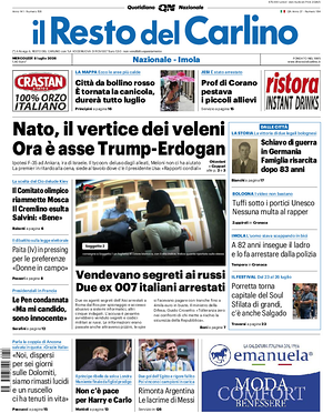 Prima pagina Il Resto del Carlino di oggi - Quotidiano regionale