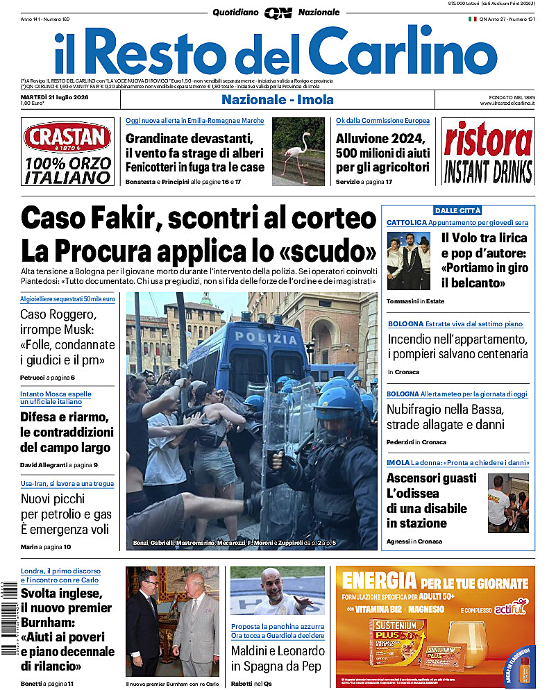 Prima pagina Il Resto del Carlino di oggi - Edicola 21 Luglio 2026