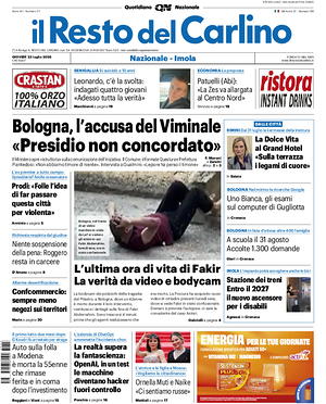 Prima pagina Il Resto del Carlino di oggi - Quotidiano regionale
