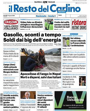 Prima pagina Il Resto del Carlino di oggi - Quotidiano regionale