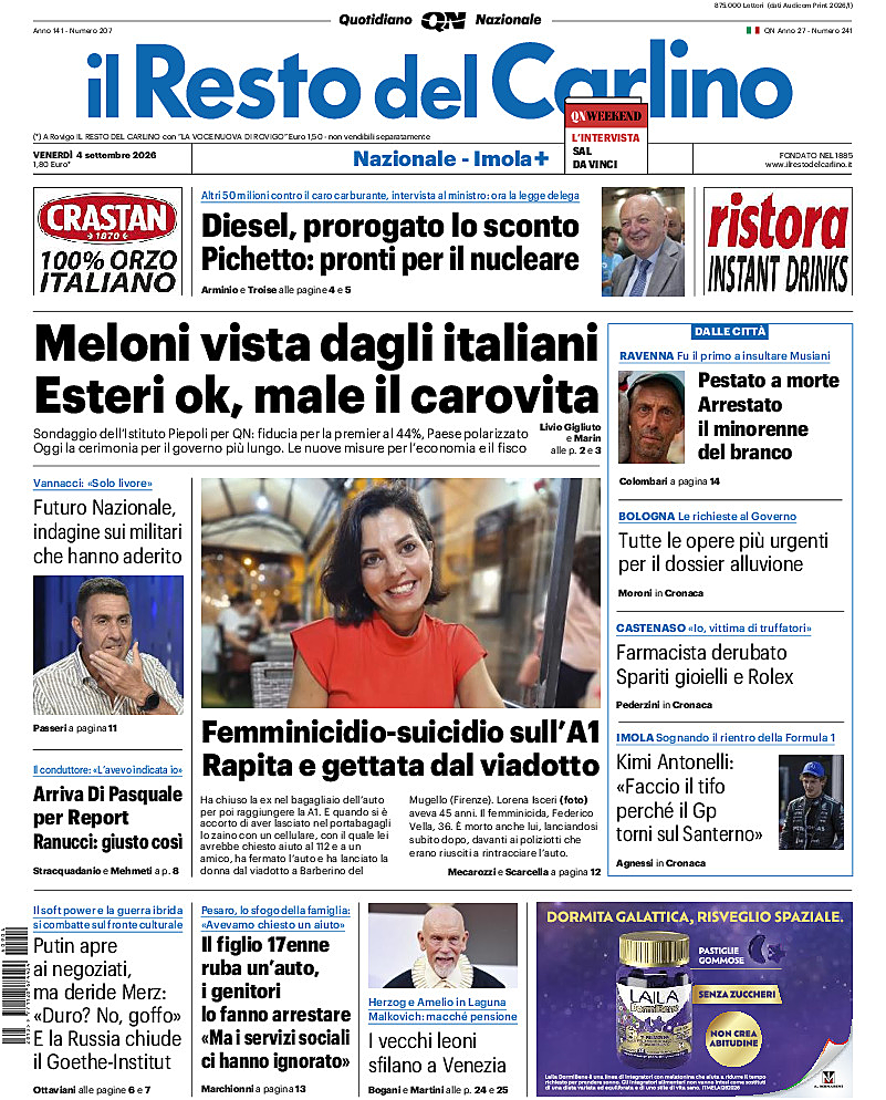 Prima pagina Il Resto del Carlino di oggi - Edicola 4 Settembre 2026
