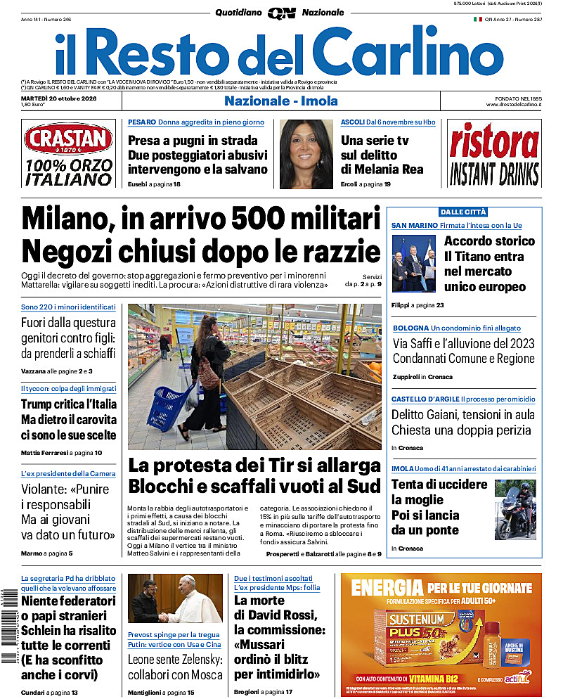 Prima pagina Il Resto del Carlino di oggi - Edicola 20 Ottobre 2026
