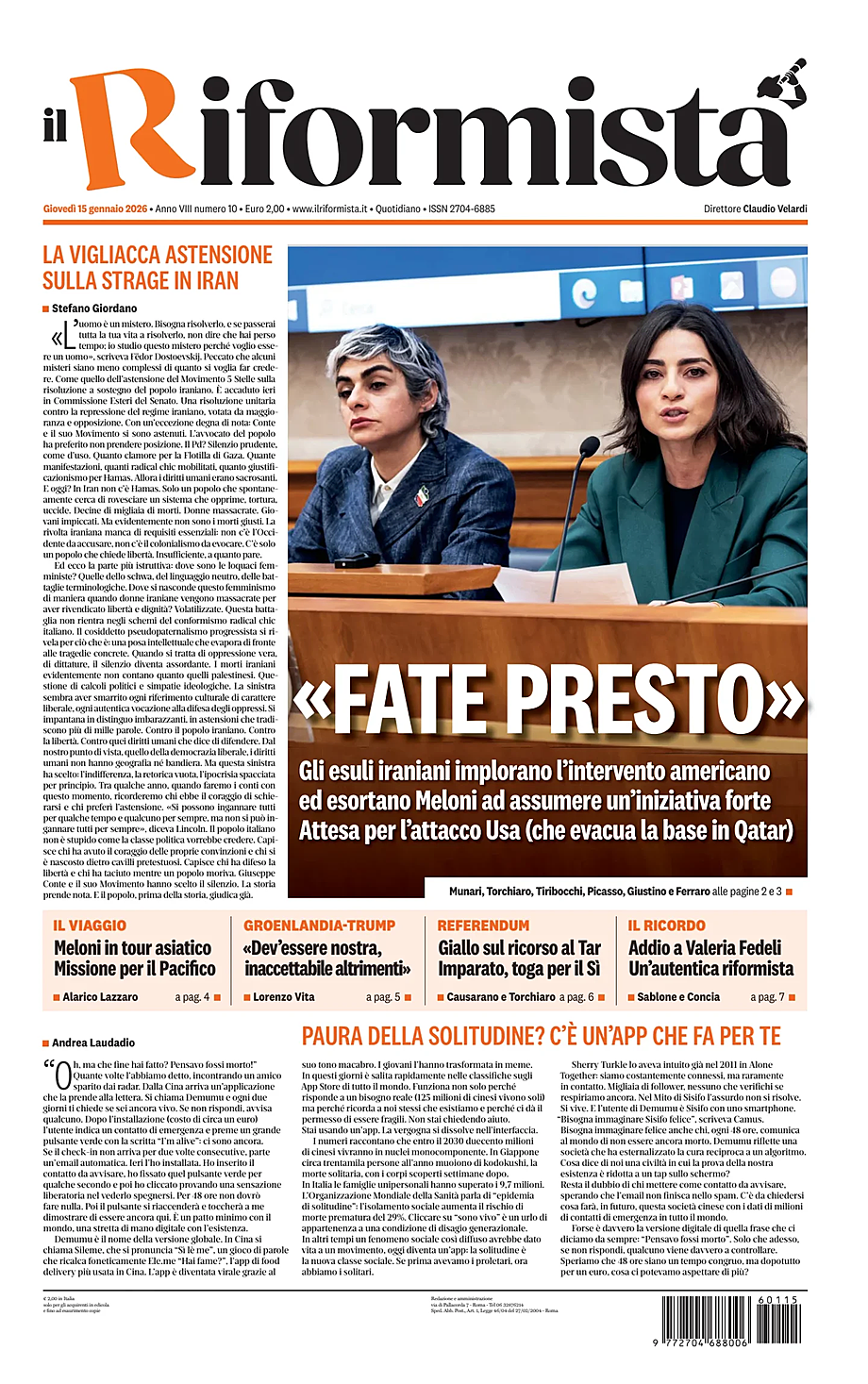 Prima pagina Il Riformista di oggi - Edicola 15 Gennaio 2026