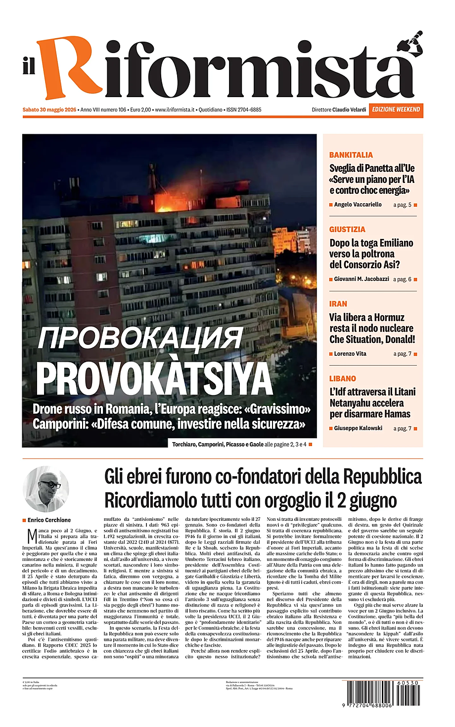 Prima pagina Il Riformista di oggi - Edicola 30 Maggio 2026