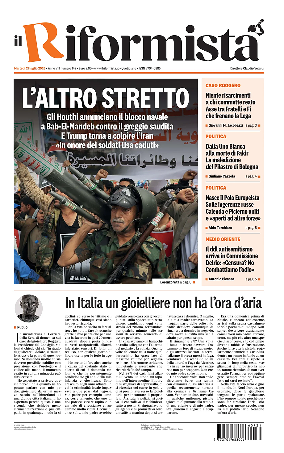 Prima pagina Il Riformista di oggi - Edicola 21 Luglio 2026