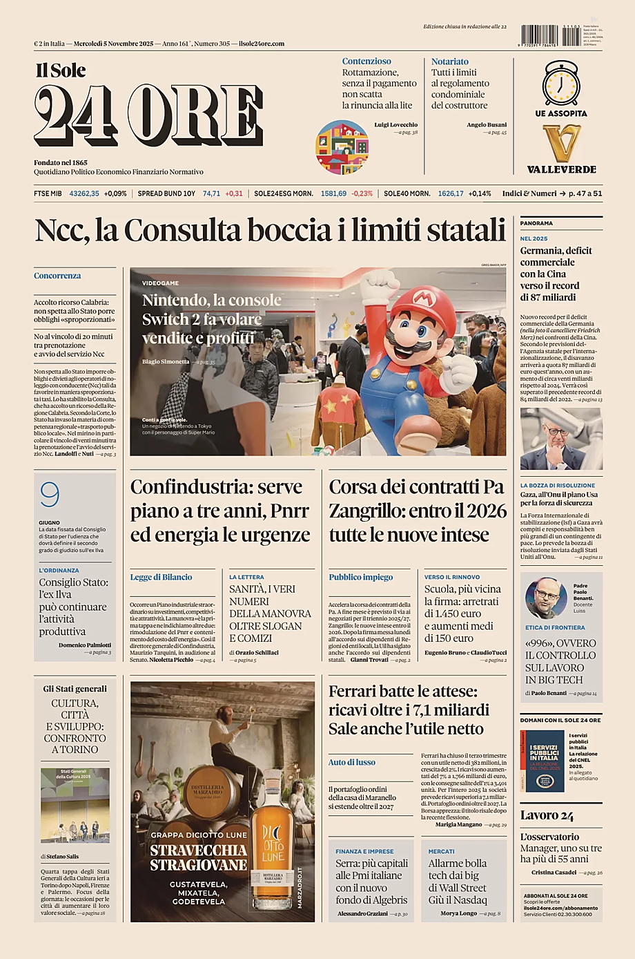 Prima pagina Il Sole 24 Ore di oggi - Edicola 5 Novembre 2025