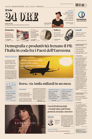 Prima pagina Il Sole 24 Ore di oggi - Quotidiano finanza