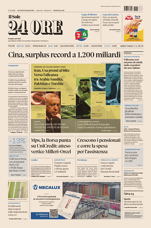 Prima pagina Il Sole 24 Ore di oggi - Quotidiano finanza