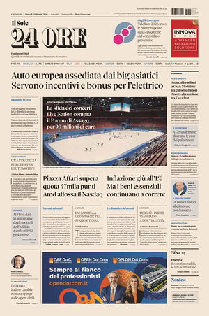 Prima pagina Il Sole 24 Ore di oggi - Quotidiano finanza