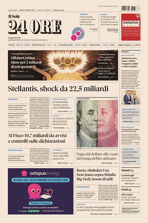 Prima pagina Il Sole 24 Ore di oggi - Quotidiano finanza
