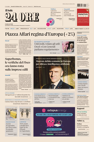 Prima pagina Il Sole 24 Ore di oggi - Quotidiano finanza