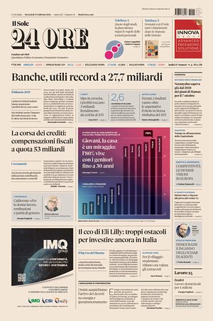 Prima pagina Il Sole 24 Ore di oggi - Quotidiano finanza