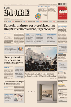 Prima pagina Il Sole 24 Ore di oggi - Quotidiano finanza