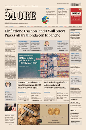 Prima pagina Il Sole 24 Ore di oggi - Quotidiano finanza