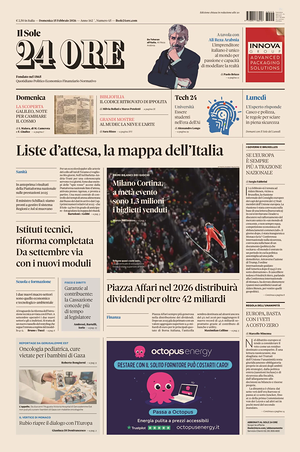 Prima pagina Il Sole 24 Ore di oggi - Quotidiano finanza