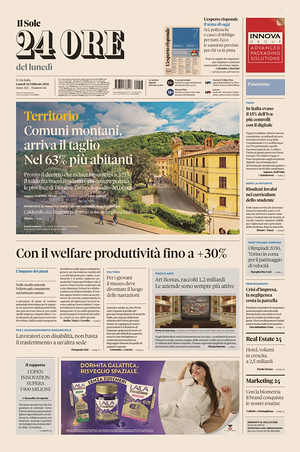 Prima pagina Il Sole 24 Ore di oggi - Quotidiano finanza