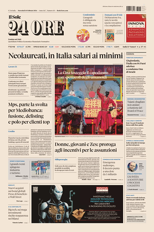 Prima pagina Il Sole 24 Ore di oggi - Quotidiano finanza