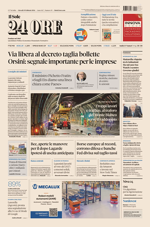 Prima pagina Il Sole 24 Ore di oggi - Quotidiano finanza