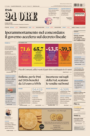 Prima pagina Il Sole 24 Ore di oggi - Quotidiano finanza