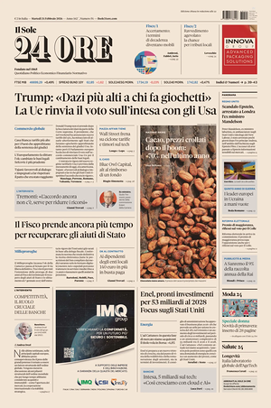 Prima pagina Il Sole 24 Ore di oggi - Quotidiano finanza