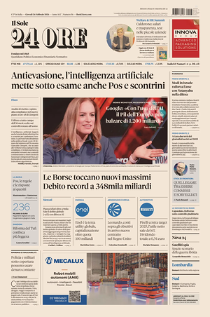 Prima pagina Il Sole 24 Ore di oggi - Quotidiano finanza