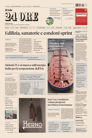 Prima pagina Il Sole 24 Ore di oggi - Quotidiano finanza