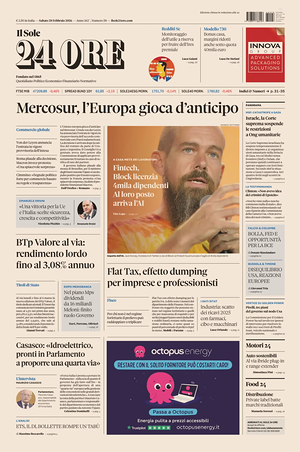 Prima pagina Il Sole 24 Ore di oggi - Quotidiano finanza